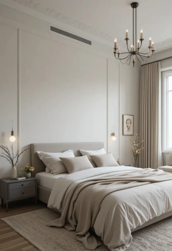 Minimal chandelier in a modern calm bedroom