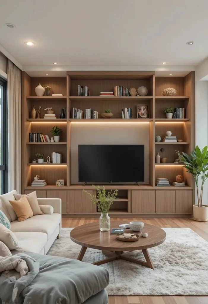 Corner built-in shelves maximizing space in small living room