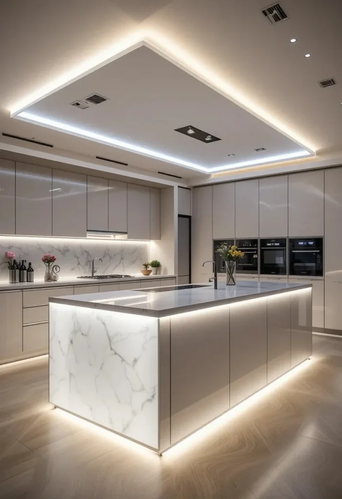LED strip lighting creating a modern glow under kitchen island