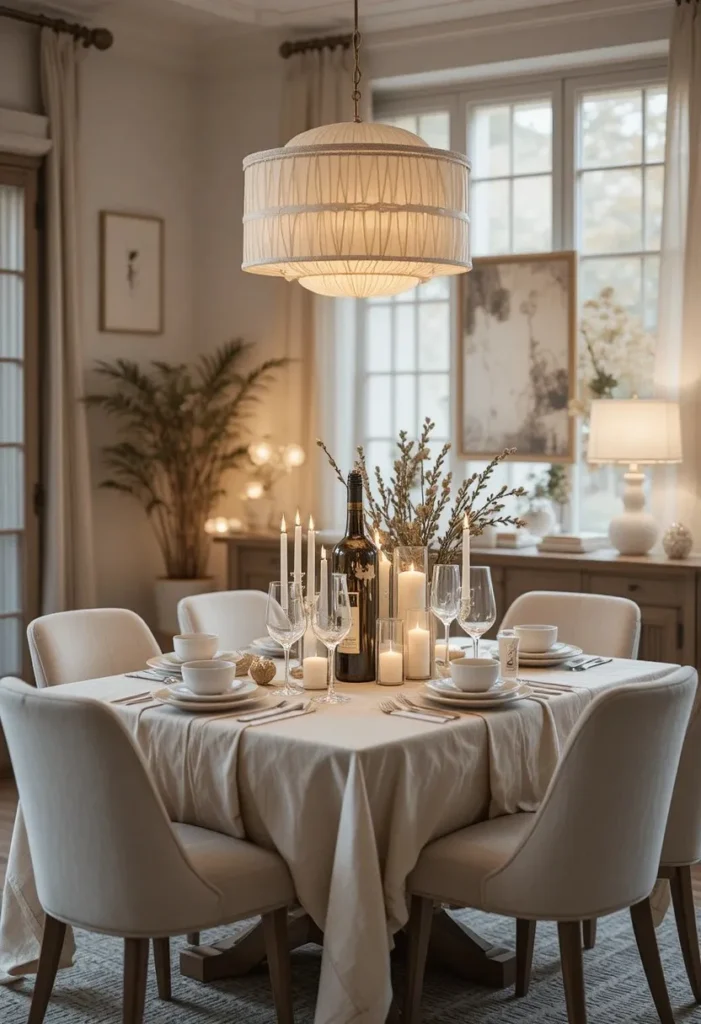 Soft lighting layered neutral boho dining room.