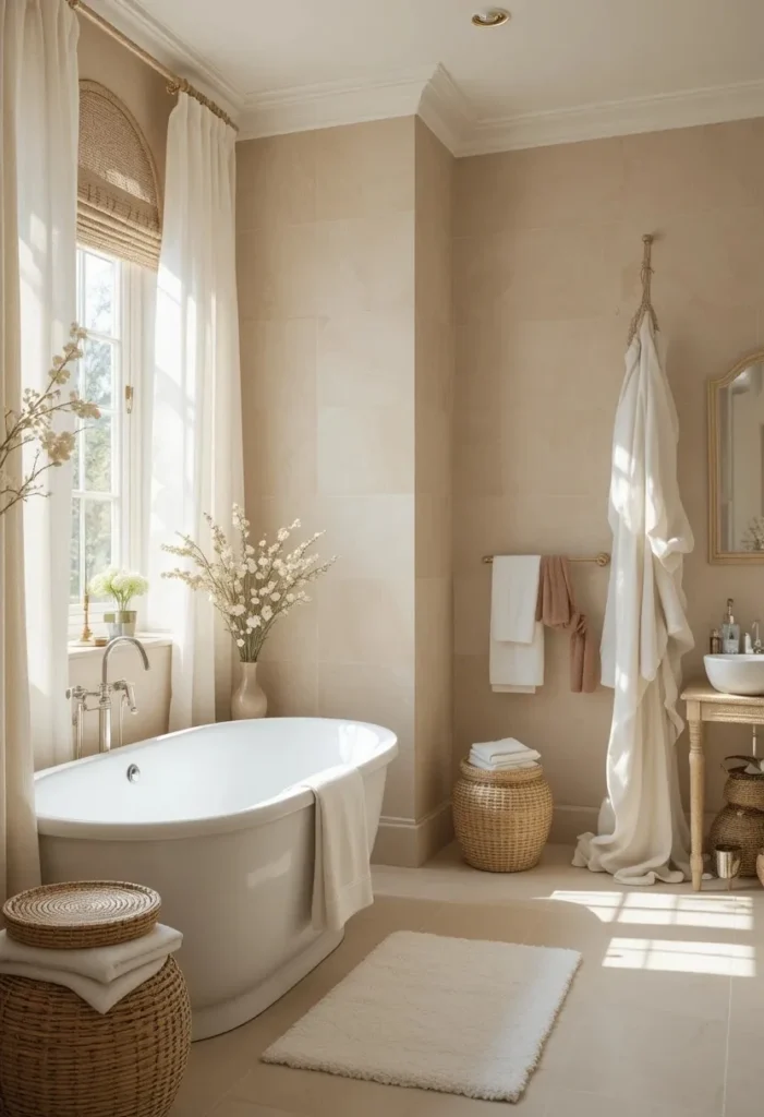White and beige bathroom with warm neutral tones and cozy textures.