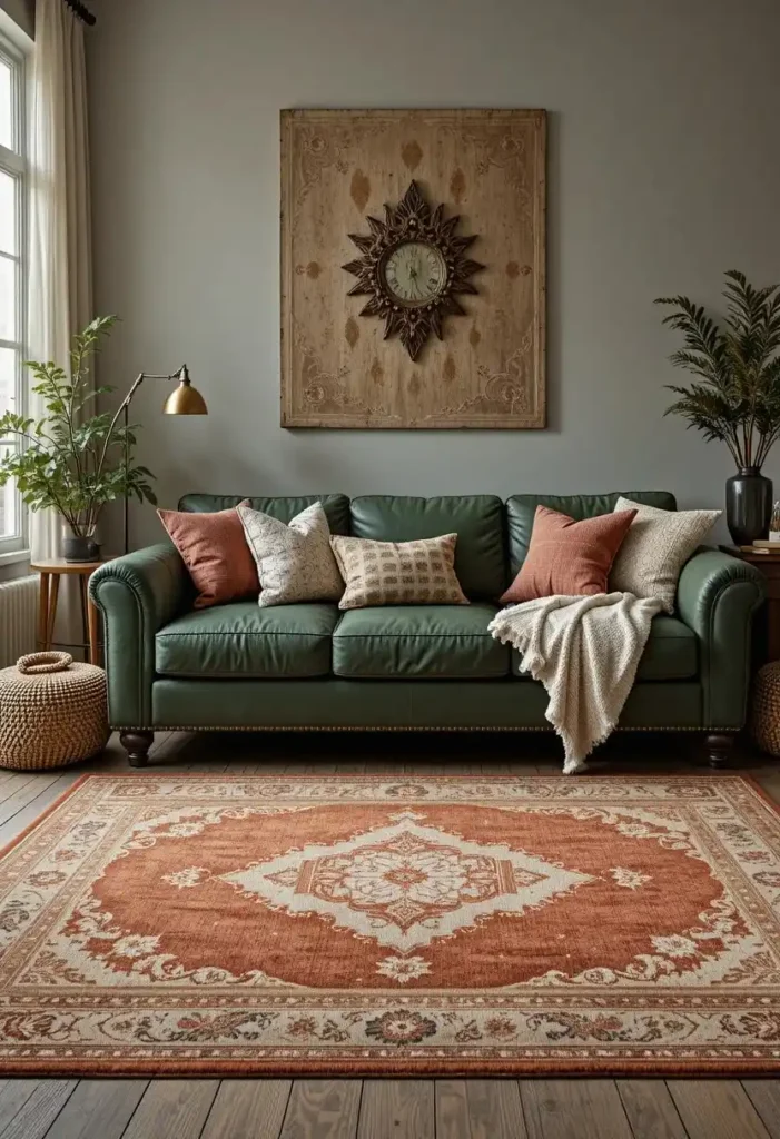 Vintage rug styled with a green leather couch