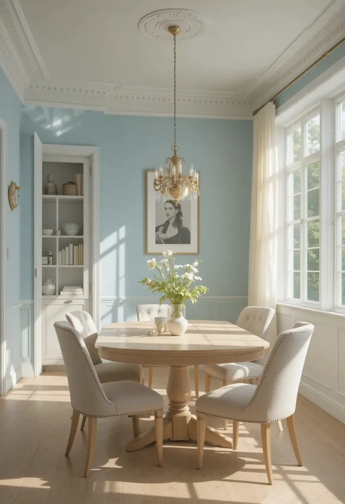 Soft blue dining room walls with white trim and neutral furniture creating a calm and airy space