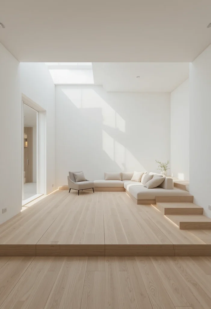 Modern minimal sunken living room with clean neutral design and soft lighting.