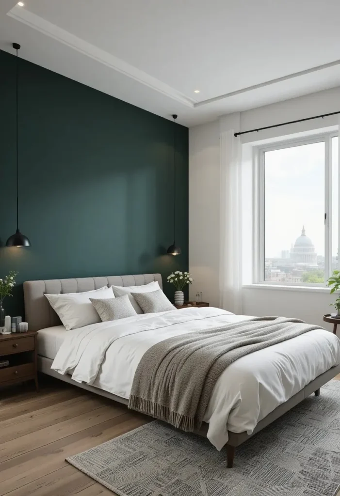 Dark green accent wall behind bed creating a bold focal point in a modern bedroom