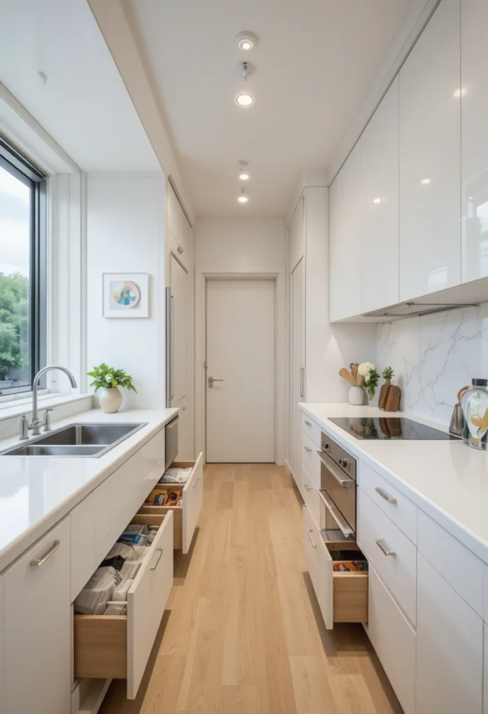 Hidden storage solutions in a long narrow kitchen