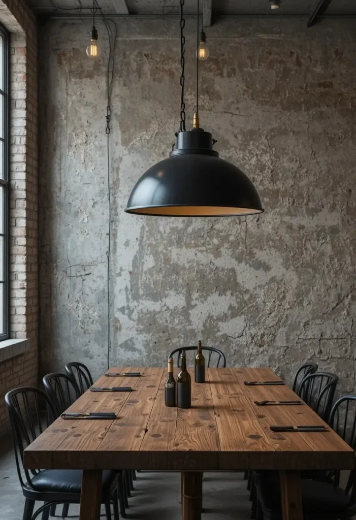 Industrial pendant lighting adding bold urban feel over dining table