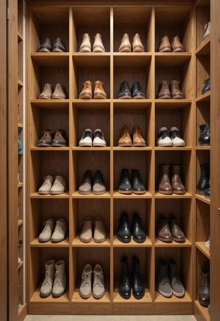 Closet shoe cubbies organizing pairs neatly in structured compartments