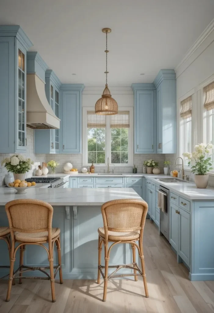 Coastal U shaped kitchen with soft blue cabinets and beach style island.