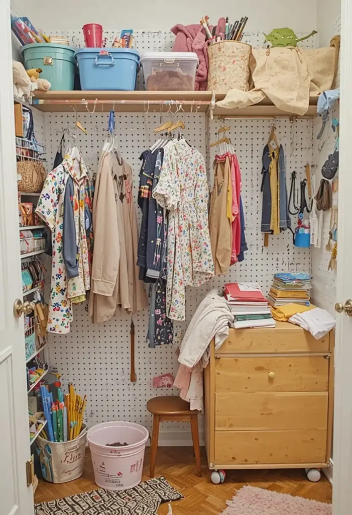 Pegboard wall in kids closet with hooks and baskets for flexible storage
