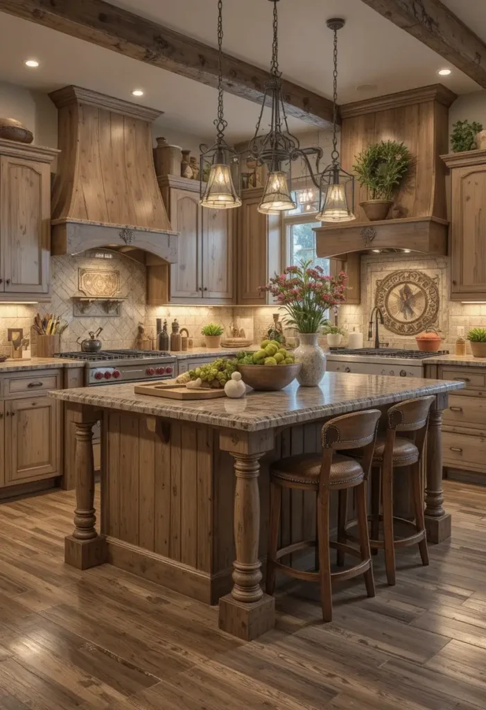 Rustic kitchen island with warm wood textures and cozy atmosphere.