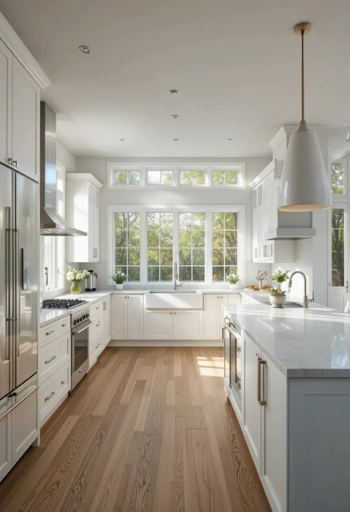 Bright U-shaped kitchen with central island, white cabinets, and warm wooden flooring.
