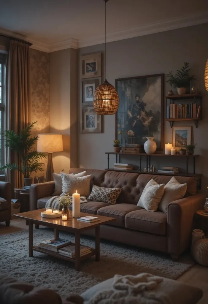 Brown couch living room with cozy layered lighting