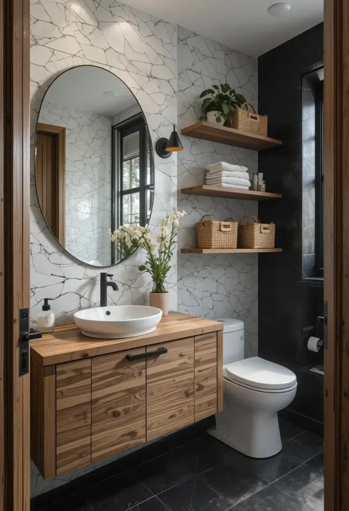 Black and white bathroom with warm wood accents