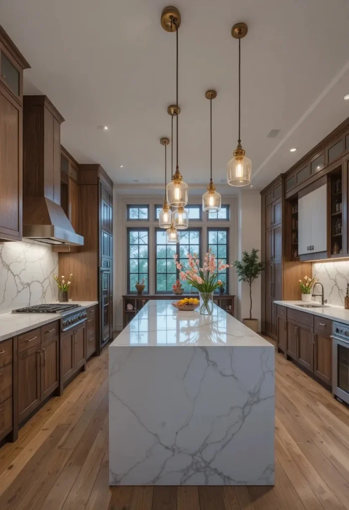Pendant lighting centered in a long kitchen layout