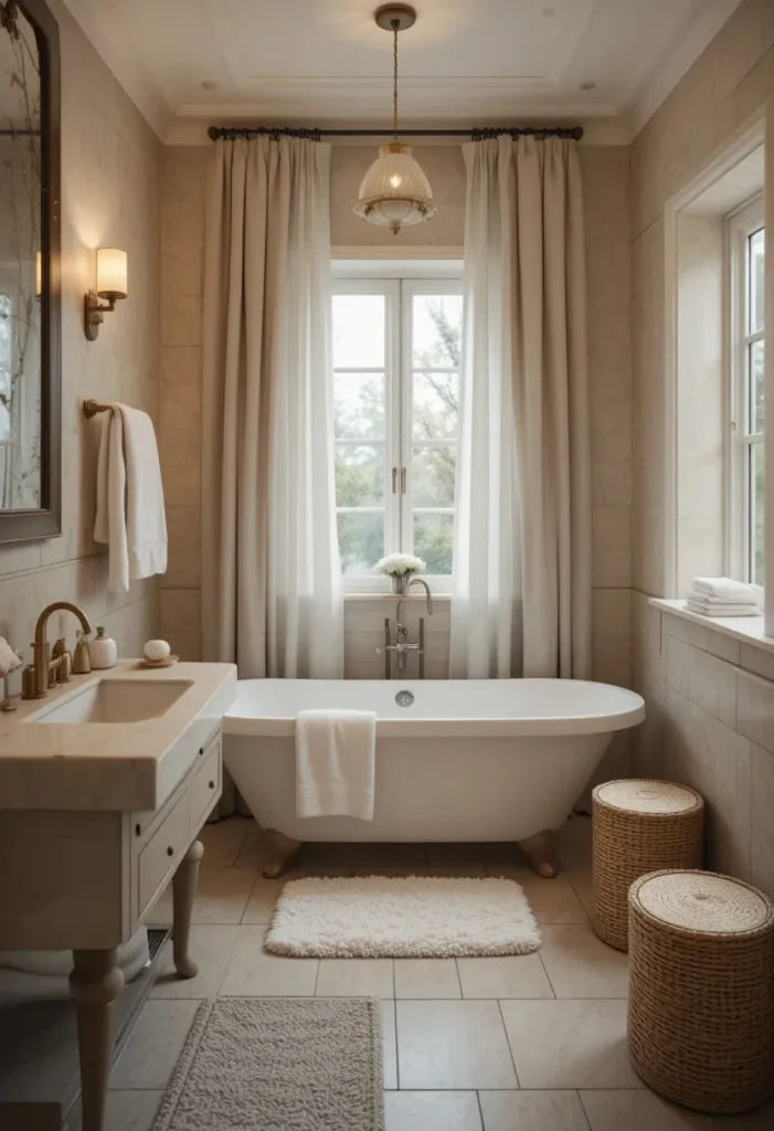 Guest bathroom with soft textures, plush towels, and cozy layered decor.
