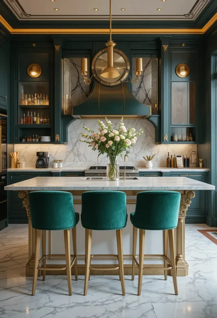 Velvet bar stools kitchen island adding luxury and rich texture to modern kitchen
