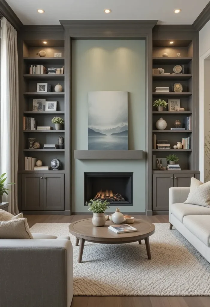 Built-in shelves with colored backing adding subtle personality