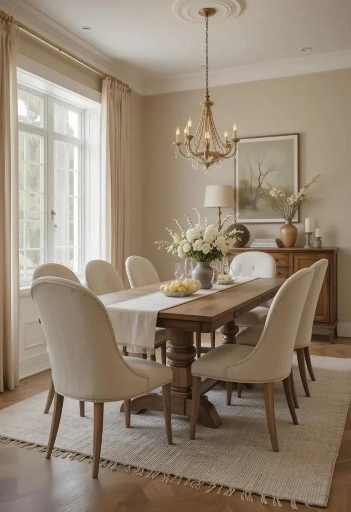 Neutral modern dining room with soft textures and warm tones