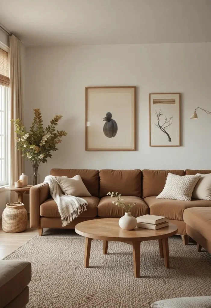 Warm and relaxed brown couch living room interior