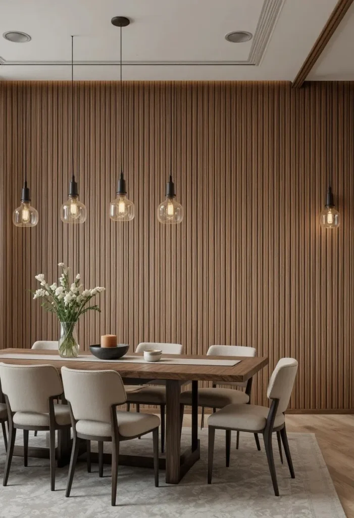 Modern dining room featuring warm wooden wall paneling.