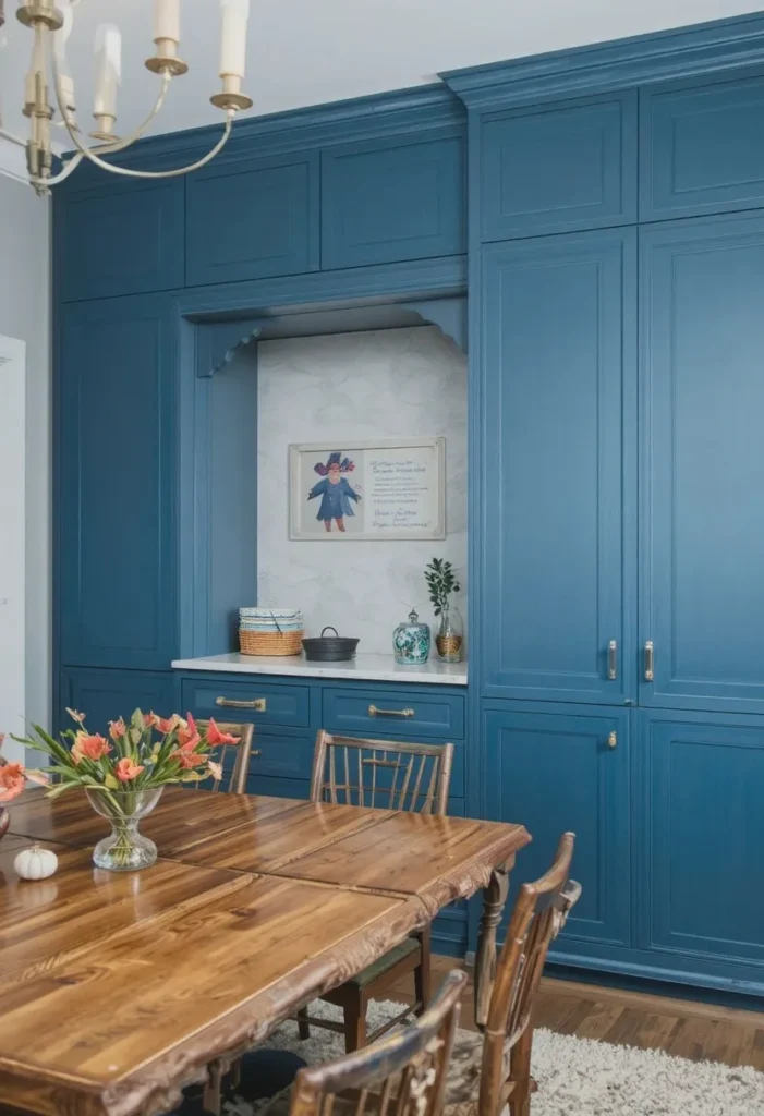 Blue built-in cabinets in dining room adding style and storage
