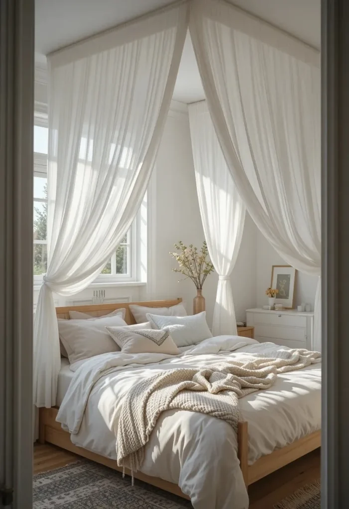 light airy sheer white canopy bed ideas for a calm and minimal bedroom