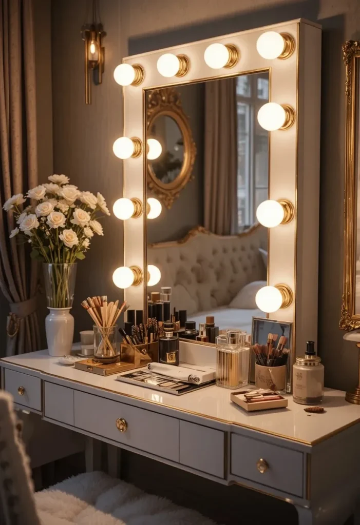 vanity ideas bedroom with hollywood mirror lights glam makeup station
