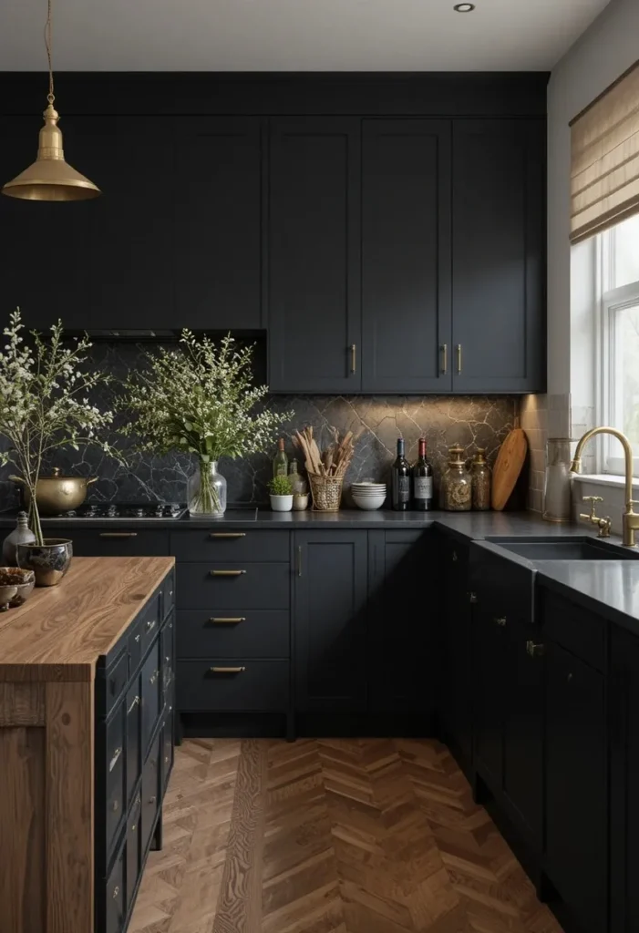 Modern black and wood kitchen with stylish island and warm textures.