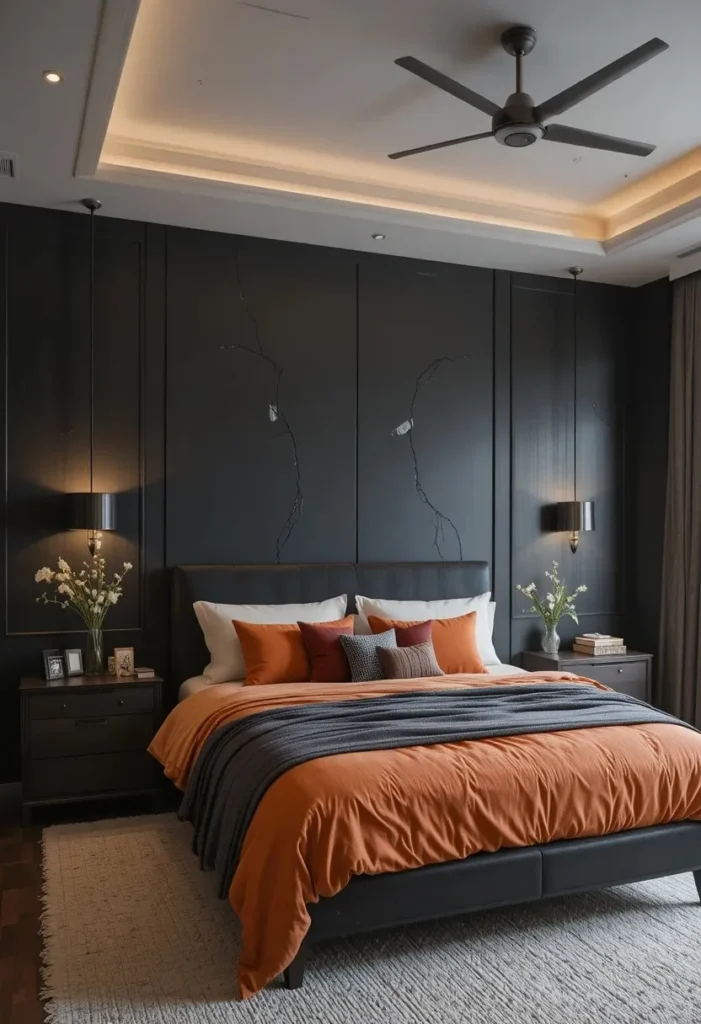 Charcoal and orange bedroom with bold modern contrast.