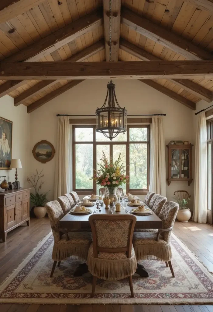 Rustic wood beams in a boho dining room interior.
