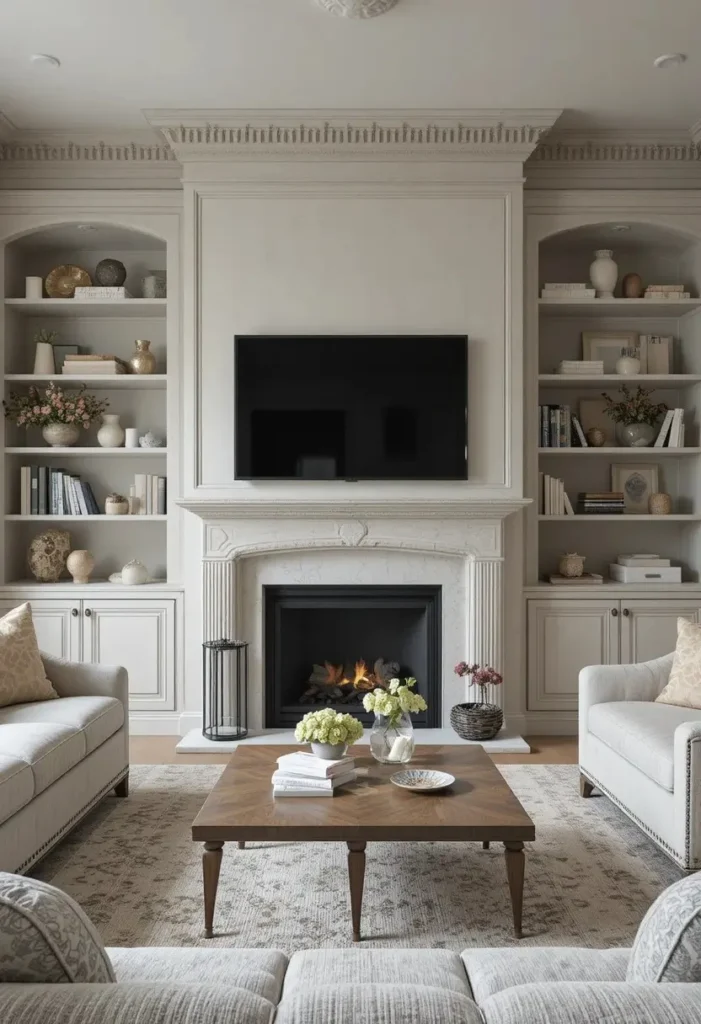 Symmetrical built-in shelves creating a balanced and classic look