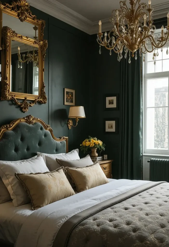 Dark green bedroom with gold accents adding warmth and a luxurious touch