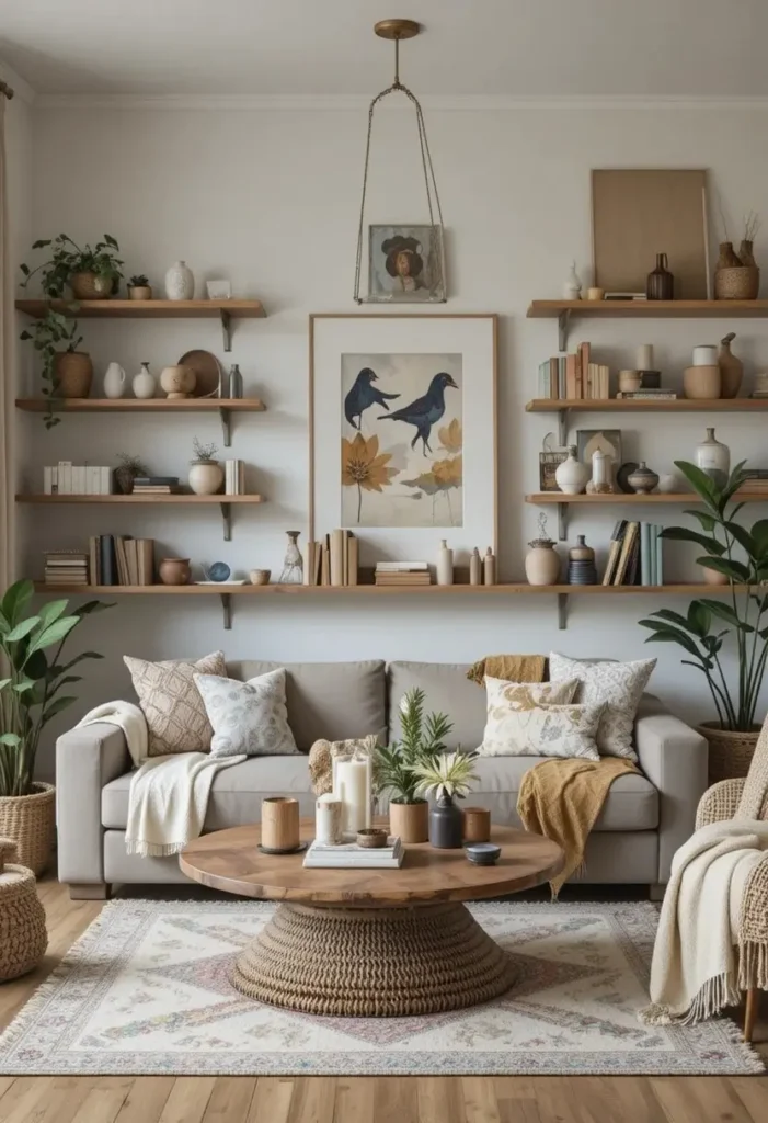 Open wooden shelves inside a boho living room