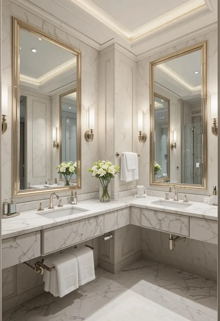 Luxury guest bathroom inspired by elegant hotel-style decor.