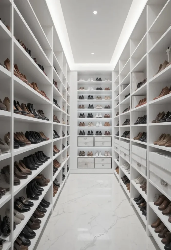 Floor-to-ceiling shoe shelves in a closet with neatly organized shoes in a clean, modern space