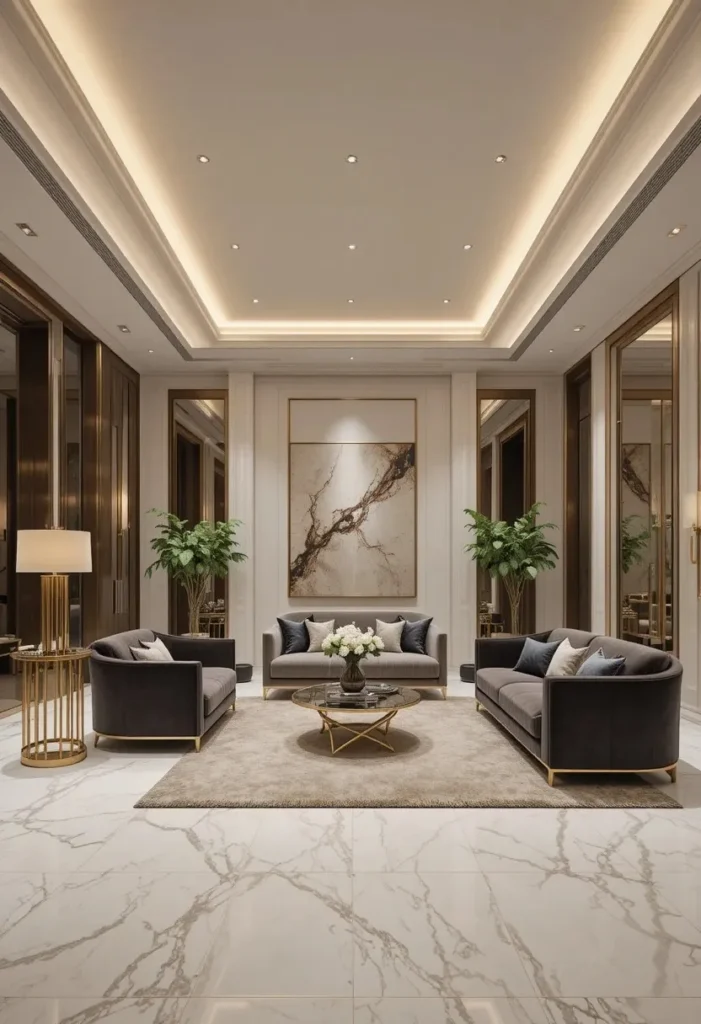 Luxury marble sunken living room with elegant velvet seating and gold accents.