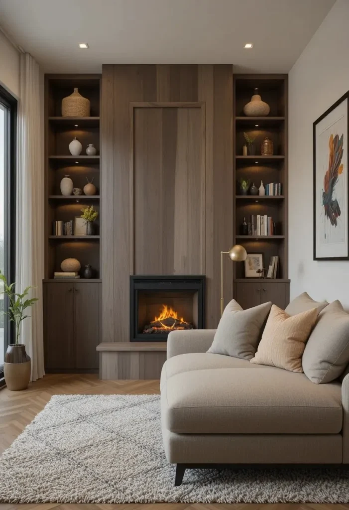 Small living room with cozy corner fireplace setup.