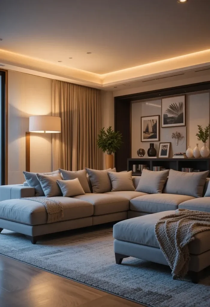 Tall floor lamp beside a large sectional sofa in a cozy living room.