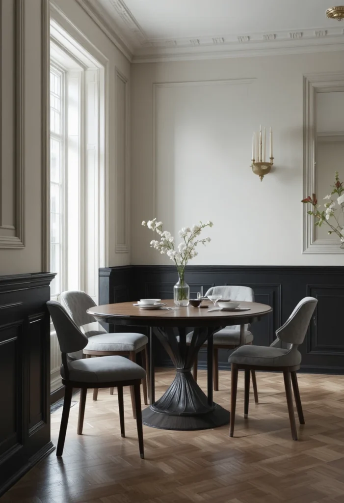 Two-tone black dining room walls creating modern layered look