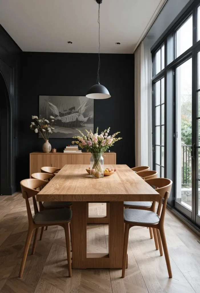 Black dining room walls with warm wood furniture creating cozy and elegant space