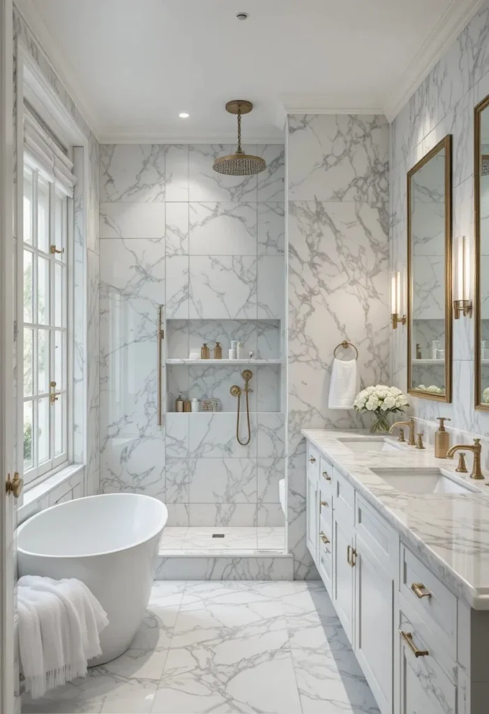 Luxurious white bathroom with marble surfaces and brass fixtures.