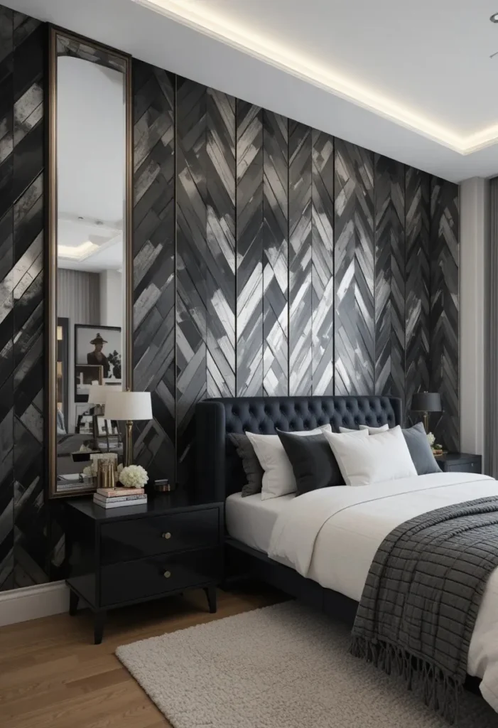 Geometric black and silver bedroom wall