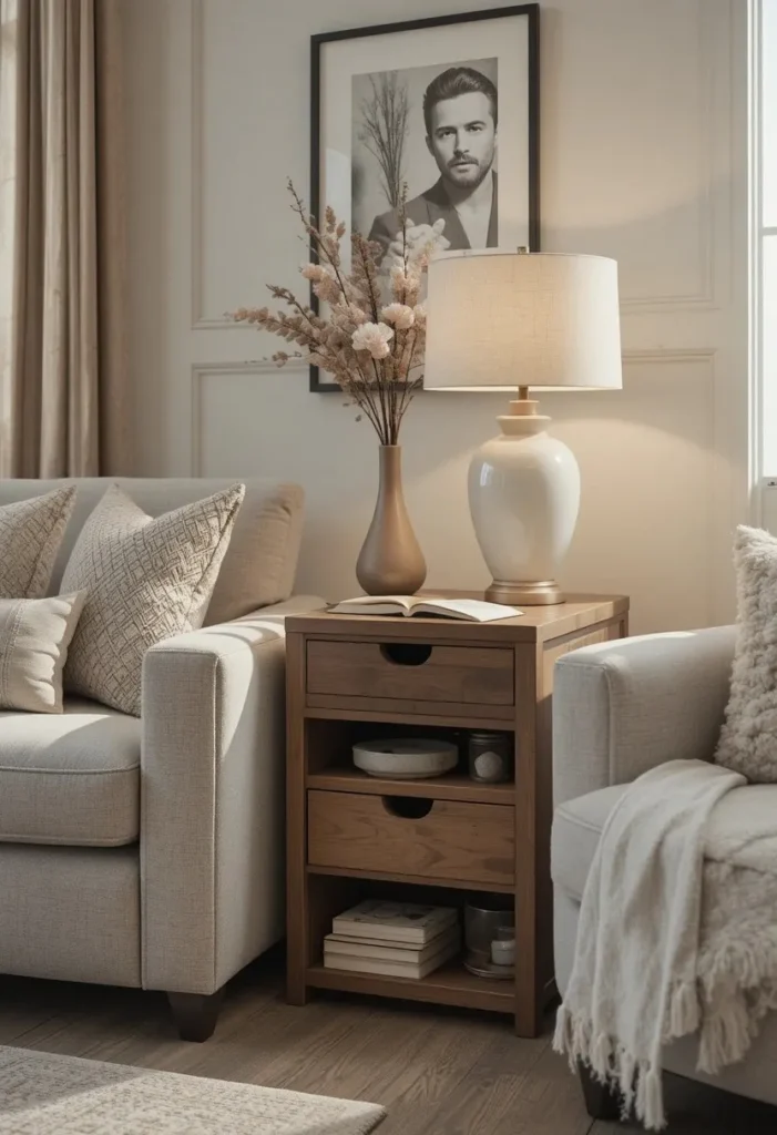 Living room side table with hidden storage space