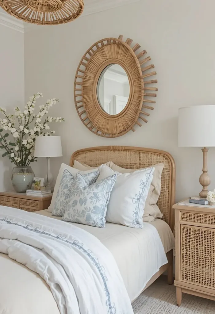 Woven and rattan decor in a beach bedroom