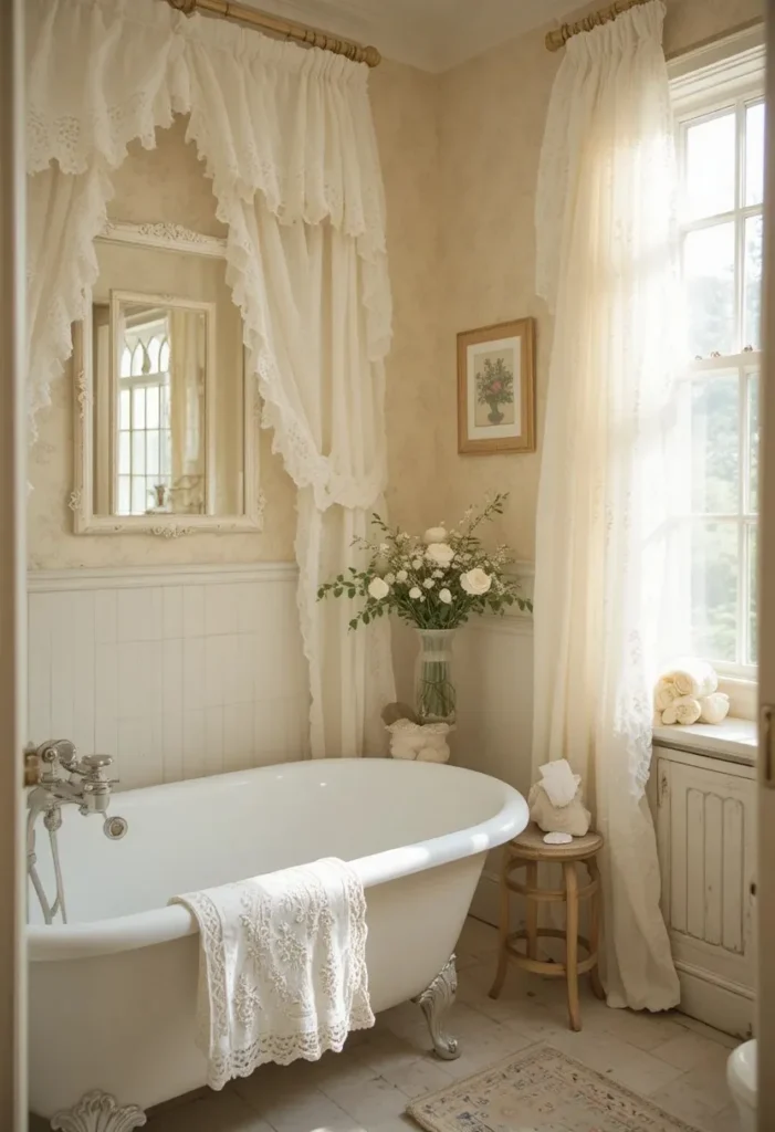 White lace bathroom curtains adding vintage charm and softness.
