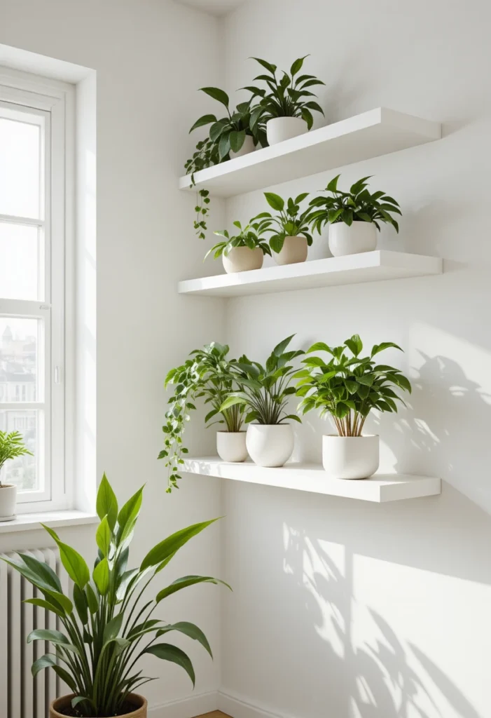 minimalist plant wall shelf ideas with white modern decor