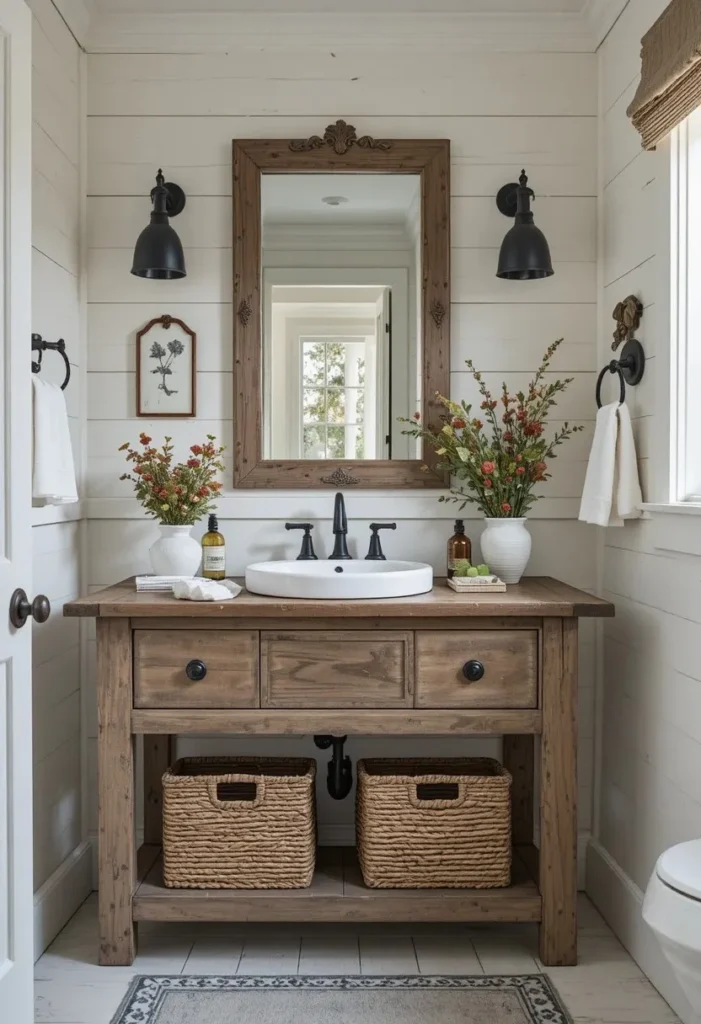 Farmhouse-style white bathroom with rustic wood and vintage details.