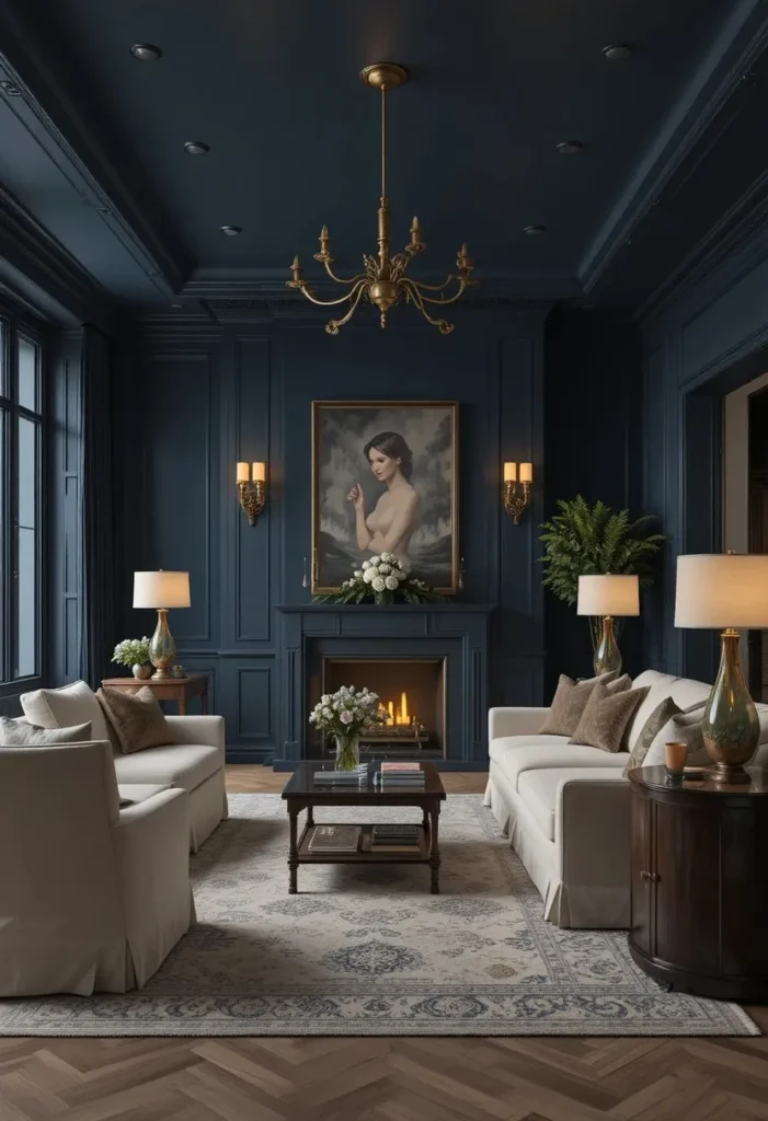 Deep navy blue living room walls creating dramatic elegance.