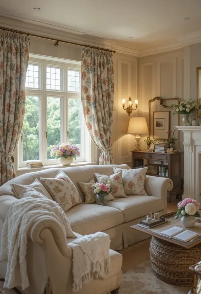 Floral curtains adding charm to a cozy cottage living room.
